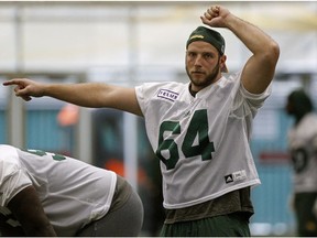 Edmonton Eskimos offensive lineman Tommie Draheim at team practice in Edmonton on Friday October 12, 2018.