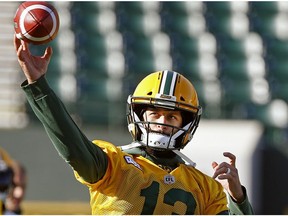 Edmonton Eskimos quarterback Mike Reilly throws the ball during team practice in Edmonton on October 11, 2018. The Eskimos play the Ottawa Redblacks in Edmonton on Saturday October 13, 2018.