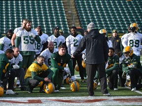 Edmonton Eskimos head coach Jason Maas talking to players at the end of practice at Commonwealth Stadium in Edmonton, October 29, 2018. Ed Kaiser/Postmedia