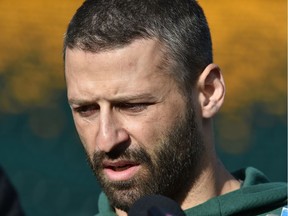 Edmonton Eskimos quarterback Mike Reilly talking to the media after practice at Commonwealth Stadium, Monday, Oct. 29, 2018.