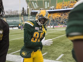 Edmonton Eskimos' Bryant Mitchell celebrates his 75-yard touchdown during second half CFL action against the Ottawa Redblacks, in Edmonton on Saturday, Oct. 13, 2018.