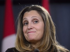 Minister of Foreign Affairs Chrystia Freeland attends a press conference in Ottawa on Monday, Oct. 1, 2018, regarding the United States Mexico Canada Agreement (USMCA).