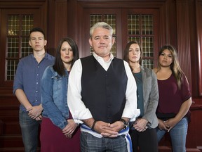 Alberta's Gladue report writers, Jackson Mirasty, Amy Quintal, Orest Zwozdesky,.Brandie St. Martin and Kristen McArthur reflect on the surge in demand for reports that help courts take background factors into consideration when sentencing Indigenous offenders. Taken on Friday, July 20, 2018 in Edmonton.