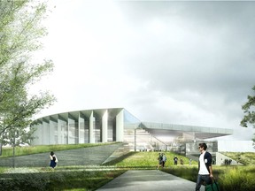 Rendering of the proposed Lewis Farms Recreation Centre exterior.