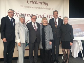 Local philanthropists Dianne and Irving Kipnes, centre, announced on Wednesday Oct. 31, 2018 at the Kaye Edmonton Clinic they have made a $10-million donation to the University Hospital Foundation to advance research and patient care at the Northern Alberta Urology Centre, which is renamed the Dianne and Irving Kipnes Urology Centre in their honour.