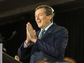 Toronto mayor John Tory celebrates his re-election victory at the Sheraton Centre Toronto hotel on Monday, Oct 22, 2018.