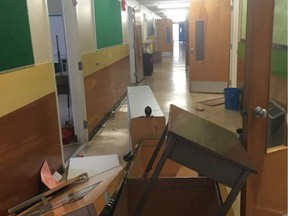Oct. 8, 2018 - Homeless protesters left behind a mess at a Nanaimo school after a protest. Facebook photo. [PNG Merlin Archive]