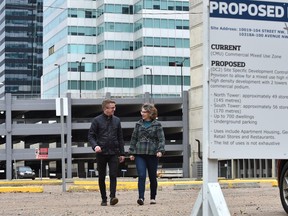 Downtown Edmonton Community League president Chris Buyze and Oliver Community League president Lisa Brown, walking on Saturday, Oct. 6, 2018 on one of the vacant lots along 100 Avenue near 104 Street, are questioning recent city council decisions to allow construction of tall towers on small parcels of land in downtown Edmonton.