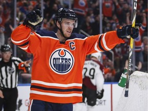 Edmonton Oilers star Connor McDavid celebrates scoring in overtime against the Colorado Avalanche on Feb. 22, 2018.