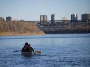 Paddlers set off from the Groat bridge taking advantage of a warm autumn day in Edmonton on October 21, 2018.