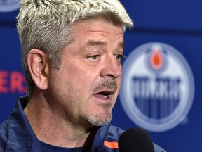 Edmonton Oilers head coach Todd McLellan speaks to the media after practice at Rogers Place in Edmonton on Oct. 19, 2018.