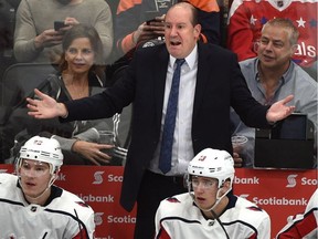 Washington Capitals head coach Todd Reirden reacts to a call made by the referee while playing the Edmonton Oilers during NHL action at Rogers Place on Oct. 25, 2018.