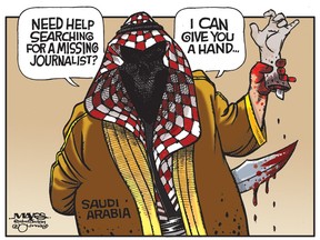 Saudi Arabia lends a hand finding missing journalist, Jamal Khashoggi. (Cartoon by Malcolm Mayes)