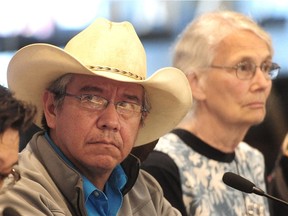 Coldwater Chief Lee Spahan and Jean Swanson participate in a news conference on the federal government's approach to reviewing the Trans Mountain expansion project in Vancouver, BC., October 23, 2018.