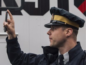 Cpl. Richard Nowak demonstrate existing cannabis testing techniques in Edmonton on Friday October 12, 2018. The Alberta RCMP also announced their goal to train one third of members in Standard Field Sobriety Test by 2020.