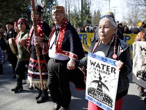 Harriet Prince of the Anishinaabe tribe, marches with Coast Salish Water Protectors and others against the expansion of the Trans Mountain pipeline project in Burnaby, B.C, on March 10, 2018.