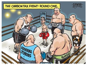Justin Trudeau faces provinces in round one of carbon tax fight. (Cartoon by Malcolm Mayes)