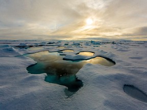 This handout image obtained via the Nature Publishing website on April 24, 2018 shows melt ponds on the Arctic sea ice in the Central Arctic.