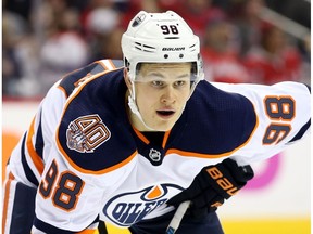 Jesse Puljujarvi #98 of the Edmonton Oilers looks on during the third period against the Washington Capitals at Capital One Arena on November 5, 2018 in Washington, DC.