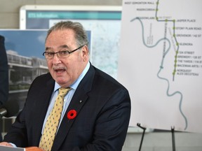 Brian Mason, Minister of Transportation at the news conference announcing provincial funds are being provided for the LRT west line and Metro line projects in Edmonton, November 1, 2018. Ed Kaiser/Postmedia