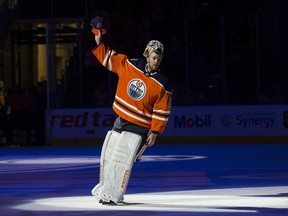 The Edmonton Oilers' goalie Mikko Koskinen (19) receives the First Star of the game following the Oilers' 4-0 win over the Chicago Blackhawks in Edmonton Nov. 1, 2018.