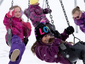 Students at Bruderheim School enjoy one of their four recesses, in Bruderheim, Alta. Monday Nov. 5, 2018. Throughout the day, students have four, 15-minute recess breaks and no more than an hour of instructional time in between. The change is based on a Finnish style of learning with the goal of maximizing student focus in the classroom.