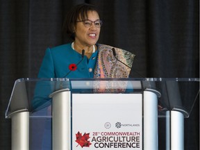 Commonwealth secretary general Patricia Scotland takes part in the 28th Commonwealth Agriculture Conference at the Northlands Expo Centre in Edmonton on Tuesday, Nov. 6, 2018.