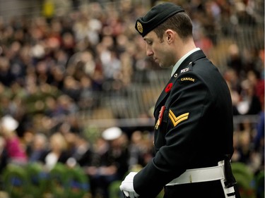 An honour guard takes part in the Remembrance Day Service at the University of Alberta's Van Vliet Centre, in Edmonton Sunday Nov. 11, 2018.