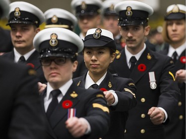 Members of the Canadian armed services march into the Remembrance Day Service at the University of Alberta's Van Vliet Centre, in Edmonton Sunday Nov. 11, 2018.