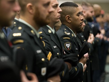 Members of the Canadian Military take part in a Remembrance Day Service at the University of Alberta's Van Vliet Centre, in Edmonton Sunday Nov. 11, 2018.