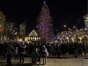 A small crowd gathers to watch the officially light up of the Downtown Business Association's Christmas Tree in Churchill Square, in Edmonton Friday Nov. 16, 2018. The 20 metre tall white spruce tree, weighs close to 2800 kg.