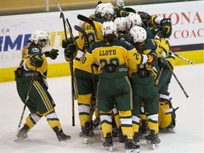 University of Alberta Pandas celebrate their shoot out win over the University of Lethbridge Pronghorns during Canada West action at Clare Drake Arena, in Edmonton November 16, 2018.