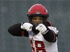 The Calgary Stampeders' Wynton McManis (48) dances during a team practice at Commonwealth Stadium, in Edmonton Friday November 23, 2018. The Stampeders will face the Ottawa Redblacks in the Grey Cup this Sunday.