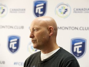 FC Edmonton Head Coach and Director of Soccer Operations Jeff Paulus, speaks to the media after Allan Zebie and Randy Edwini-Bonsu were announced as the club's first player signings for the inaugural season of the Canadian Premier League, in Edmonton Wednesday November 28, 2018.