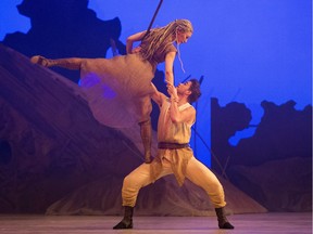 John Canfield and Luna Sasaki with Alberta Ballet take part in dress rehearsal for All of Us on Thursday, May 10, 2018  in Edmonton. . All of Us tells the story of two warring clans who battle to inherit the earth so as to redesign its future anew. Alberta Ballet Artistic Director and Choreographer Jean Grand-Maitre found inspiration in both current events and films such as Mad Max and Blade Runner. It features songs from the Tragically Hip. File photo.