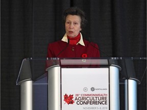 Princess Anne opens the 28th Agriculture Conference at the Northlands Expo Centre in Edmonton on Tuesday, Nov. 6, 2018.