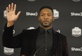 Rolly Lumbala, a member of the B.C. Lions Football Club, spoke out against violence during a campaign announcement against gender-based violence by the CFL, the Ending Violence Association of Canada, Status of Women Canada, and United Steelworkers that was held at Sutton Place Hotel in Edmonton on Friday Nov. 23, 2018.