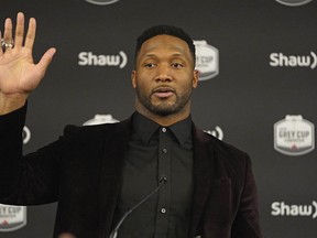 Rolly Lumbala, a member of the B.C. Lions Football Club, spoke out against violence during a campaign announcement against gender-based violence by the CFL, the Ending Violence Association of Canada, Status of Women Canada, and United Steelworkers that was held at Sutton Place Hotel in Edmonton on Friday Nov. 23, 2018.