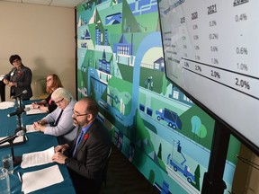 The proposed tax increases on the monitor, Chief Financial Officer Todd Burge and other city officials address the proposed 2019 - 2022 Operating Budget at City Hall in Edmonton, November 1, 2018.