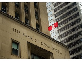 The Bank of Nova Scotia building is shown in the financial district in Toronto on August 22, 2017.