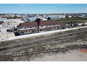An aerial view of the rail line and Via station is shown in Churchill, Man., on July 4, 2018. Prime Minister Justin Trudeau is in a northern Manitoba community to celebrate repairs to its rail line.