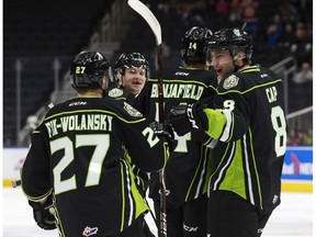 The Edmonton Oil Kings celebrate a first period goal against the Lethbridge Hurricanes, in Edmonton Sunday Oct. 28, 2018. Photo by David Bloom
