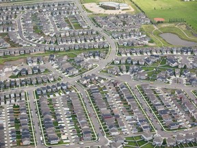 An aerial view of new housing developments in the suburban Edmonton neighbourhood of Charlesworth.