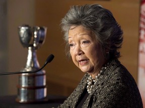 Former governor general Adrienne Clarkson speaks as she donates the Clarkson Cup to the Hockey Hall of Fame in Toronto on Thursday March 7, 2013. Prime Minister Justin Trudeau says he'll reconsider the perks and supports Canada gives former governors general.