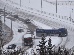 Fox Drive is definitely a no-go zone after an ETS bus wiped out across the median along with other vehicles that couldn't make it up the hill in Edmonton on Friday, Nov. 2, 2018.