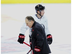 Ottawa Senators assistant coach Martin Raymond (left) and forward Matt Duchene are shown during a team practice in Ottawa on Tuesday, November 6, 2018. The Senators are demanding that a major newspaper take down a secretly recorded video showing several players badmouthing the team's coaching staff.THE CANADIAN PRESS/Fred Chartrand