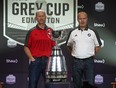 Calgary Stampeders head coach Dave Dickenson (left) and Ottawa REDBLACKS head coach Rick Campbell (right) have their eyes on the prize at the CFL Grey Cup Coaches Conference in Edmonton on Wednesday November 21, 2018. The two teams will face off in the 106th CFL Grey Cup Championship game on Sunday November 25, 2018 at Commonwealth Stadium in Edmonton. (PHOTO BY LARRY WONG/POSTMEDIA)
