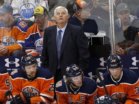 Edmonton Oilers head coach Ken Hitchcock on the bench against the Dallas Stars during NHL hockey game action in Edmonton on Tuesday November 27, 2018.