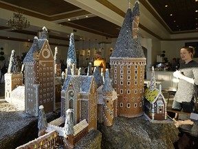 This year Duchess Bake Shop owners Garner Beggs and wife Kelsey Johnson constructed a 1:100 scale replica of Hogwarts Castle. It is based on the model built in England where the Harry Potter movies were filmed. They spent hundreds of hours building the edible gingerbread castle as a fundraiser for the Bissell Centre. Anyone dropping off a pair of socks can enter to win the castle.