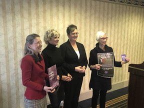 Tess Gordey, left, executive director of WIN House, Mary Jane James, executive director of the Sexual Assault Centre of Edmonton, Leslie Allen, CEO of the YWCA, and Jan Reimer, executive director of the Alberta Council of Women's Shelters, at the Chateau Lacombe in Edmonton on Sunday Nov. 18, 2018.